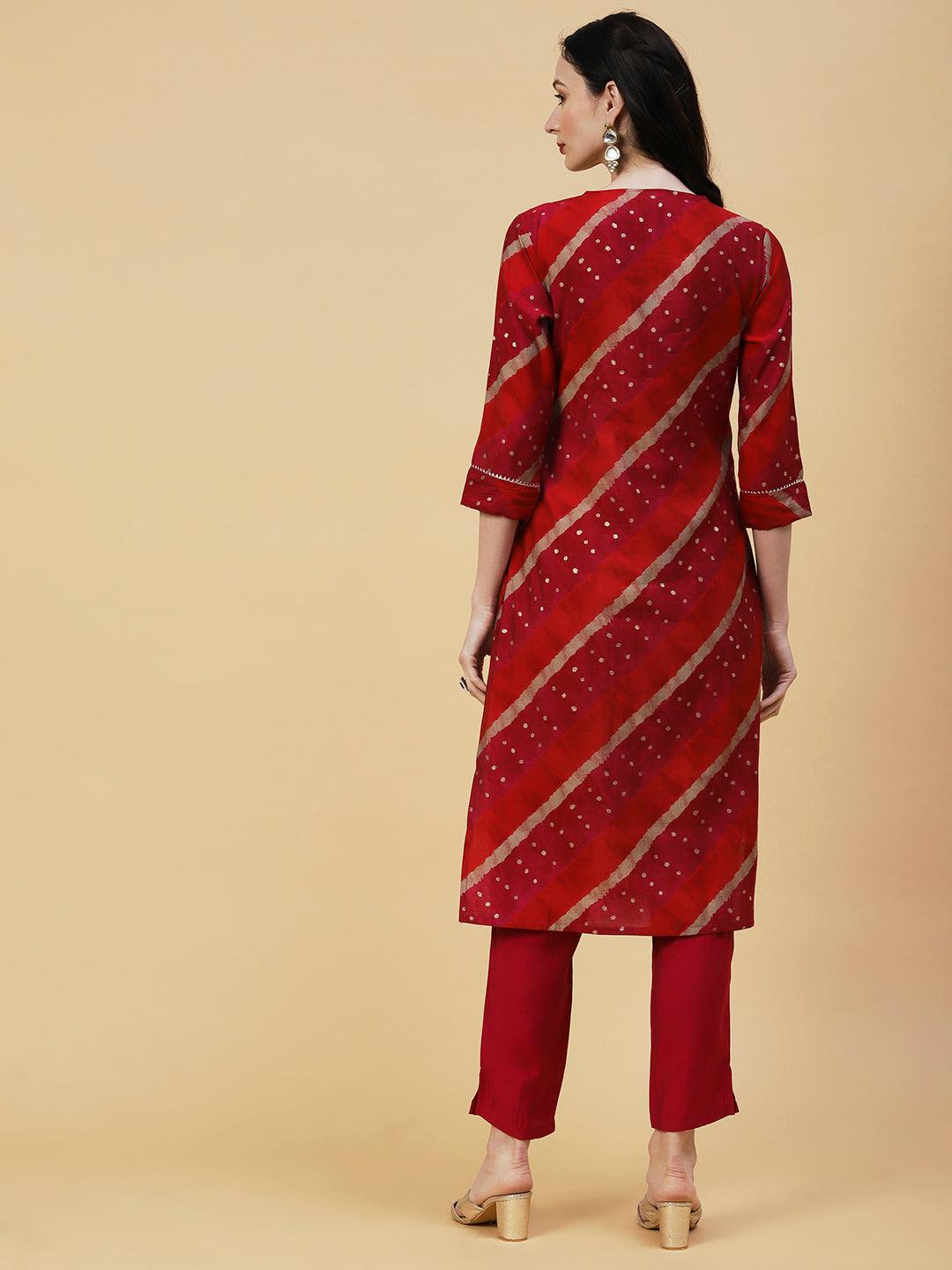 Lehriya & Foil Printed Mirror & Resham Embroidered Kurta With Pants - Red - Indiakreations