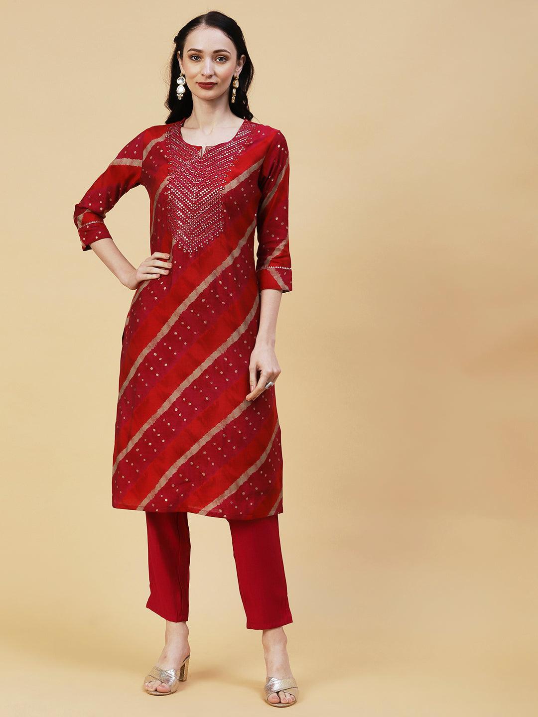 Lehriya & Foil Printed Mirror & Resham Embroidered Kurta With Pants - Red - Indiakreations