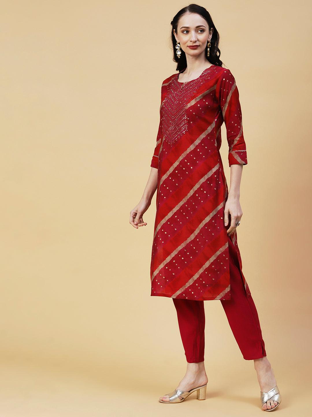 Lehriya & Foil Printed Mirror & Resham Embroidered Kurta With Pants - Red - Indiakreations