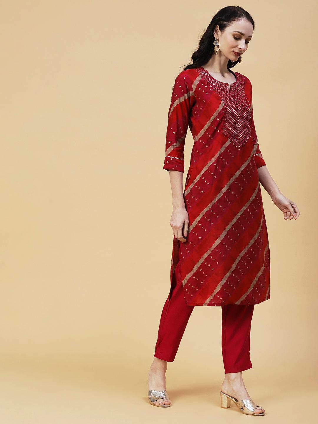 Lehriya & Foil Printed Mirror & Resham Embroidered Kurta With Pants - Red - Indiakreations