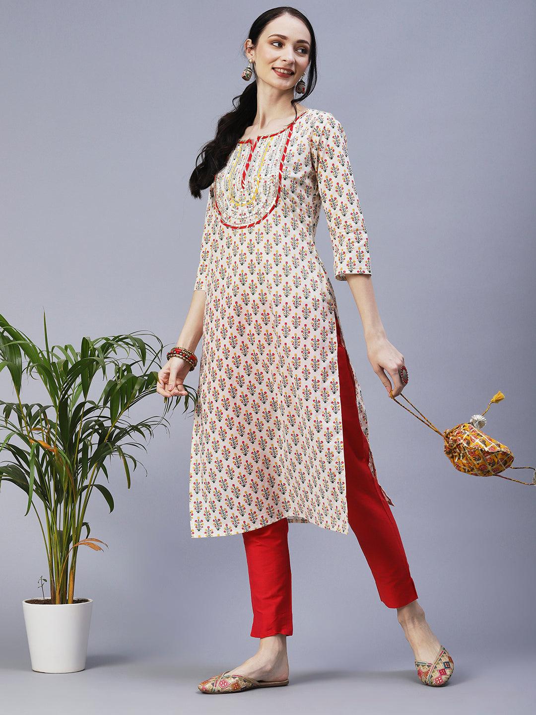 Ethnic Printed & Embroidered Straight Fit Kurta - Off White - Indiakreations