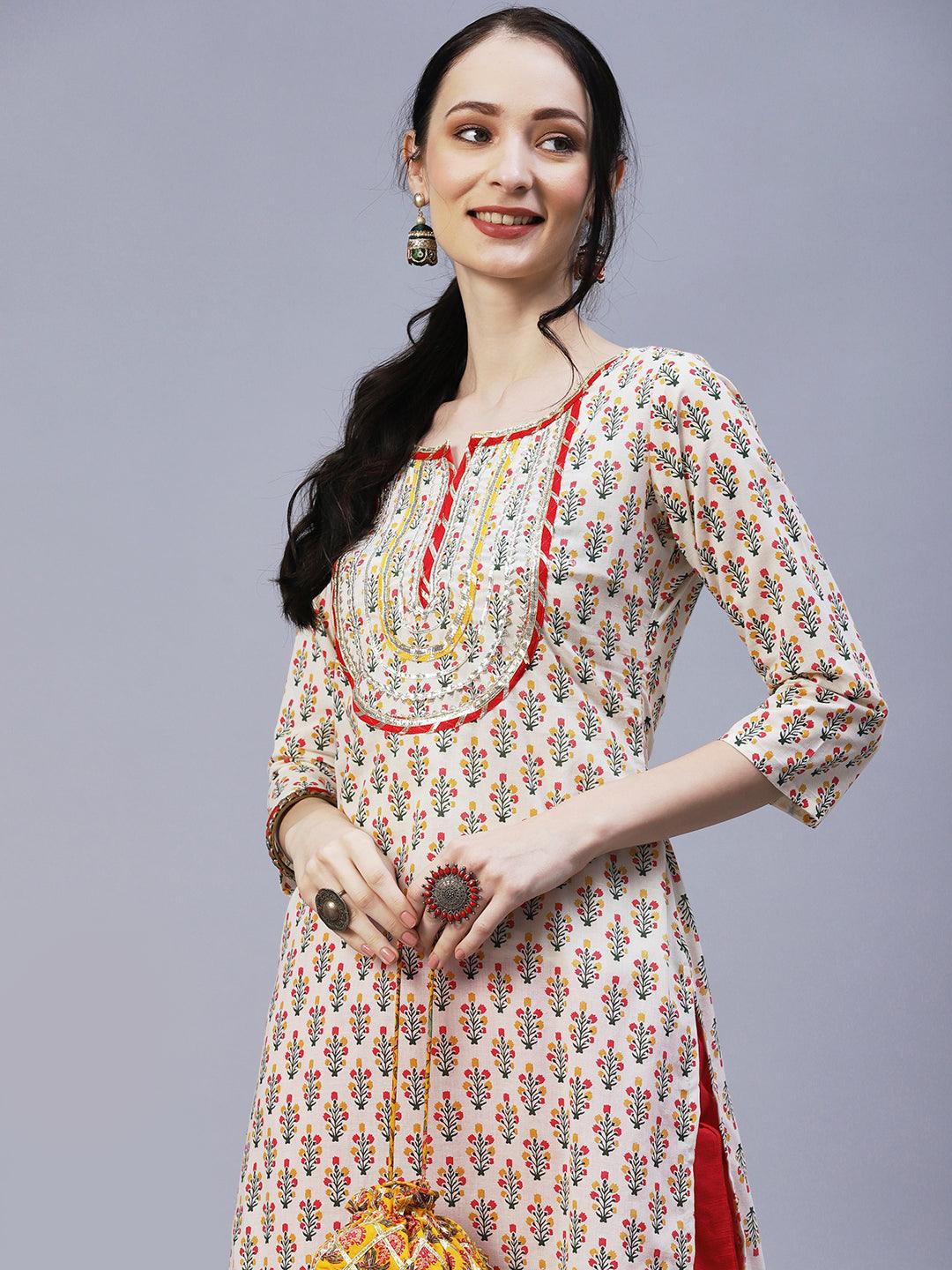 Ethnic Printed & Embroidered Straight Fit Kurta - Off White - Indiakreations