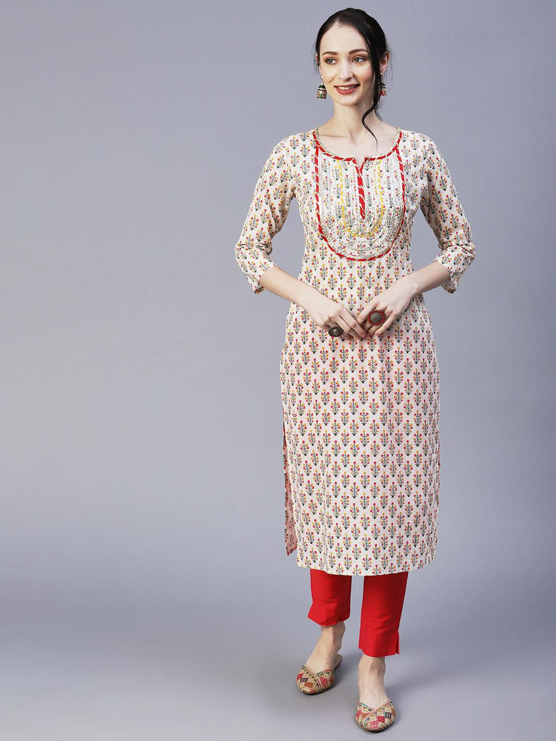 Ethnic Printed & Embroidered Straight Fit Kurta - Off White - Indiakreations