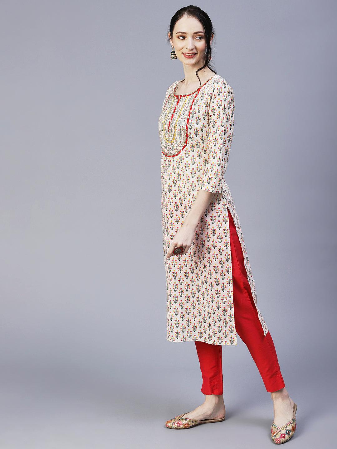 Ethnic Printed & Embroidered Straight Fit Kurta - Off White - Indiakreations