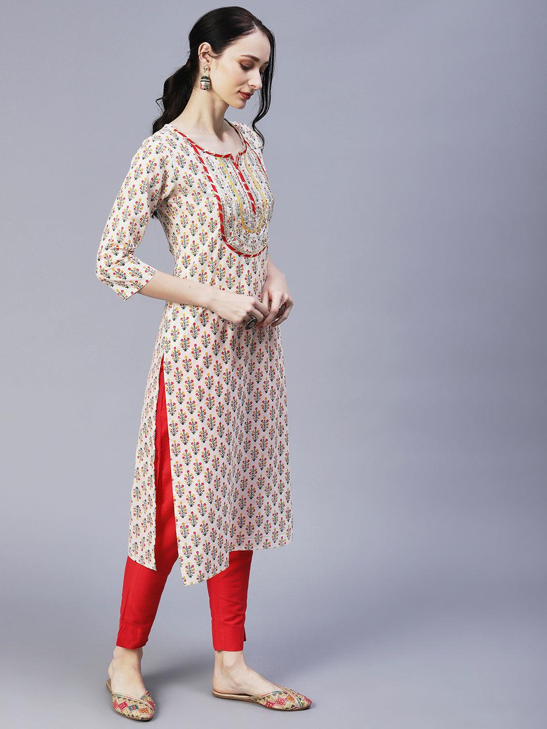 Ethnic Printed & Embroidered Straight Fit Kurta - Off White - Indiakreations