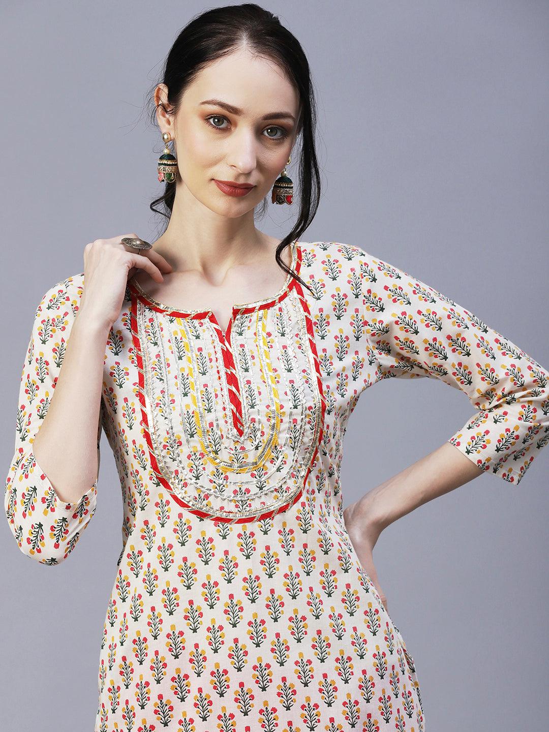 Ethnic Printed & Embroidered Straight Fit Kurta - Off White - Indiakreations