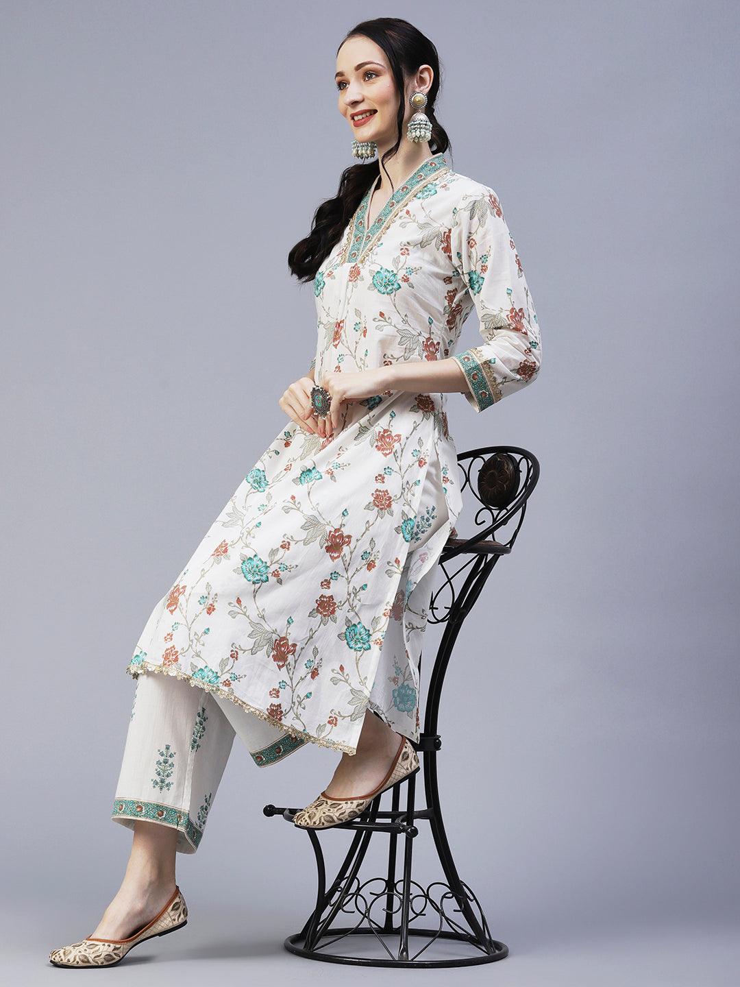 Ethnic Floral Foil Printed & Embroidered A-Line Kurta with Palazzo - Off White - Indiakreations