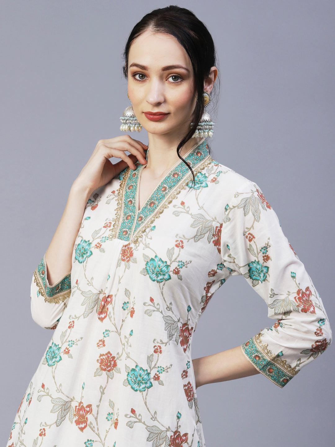 Ethnic Floral Foil Printed & Embroidered A-Line Kurta with Palazzo - Off White - Indiakreations