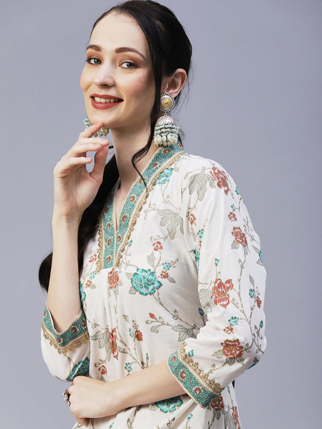 Ethnic Floral Foil Printed & Embroidered A-Line Kurta with Palazzo - Off White - Indiakreations