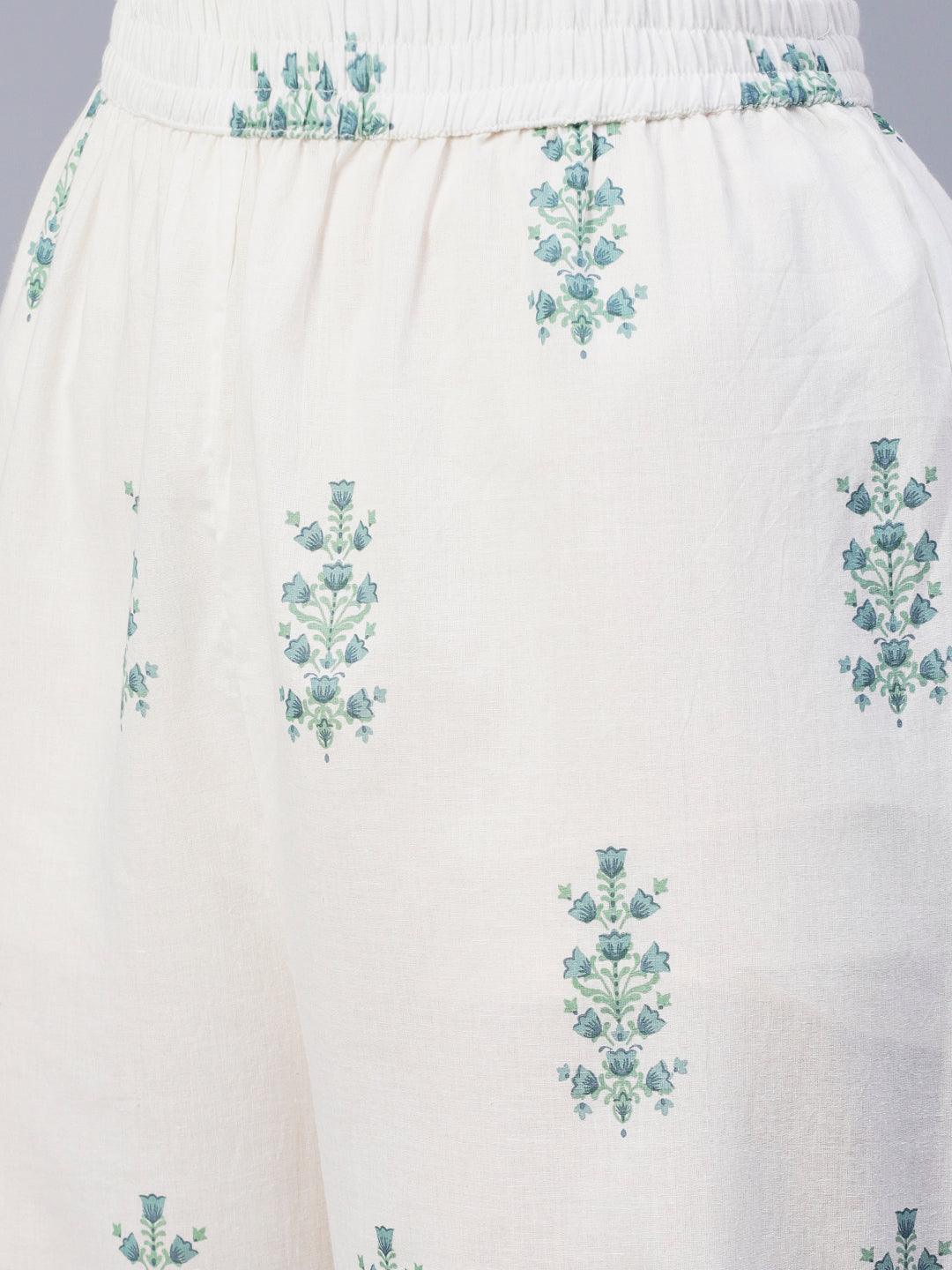 Ethnic Floral Foil Printed & Embroidered A-Line Kurta with Palazzo - Off White - Indiakreations