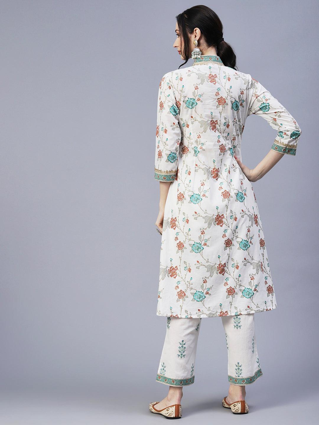 Ethnic Floral Foil Printed & Embroidered A-Line Kurta with Palazzo - Off White - Indiakreations