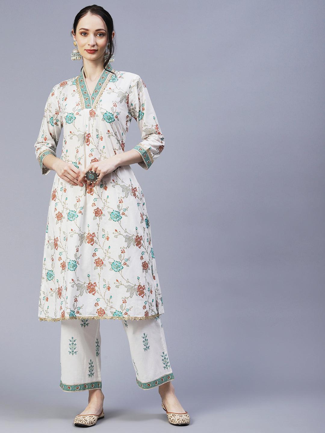 Ethnic Floral Foil Printed & Embroidered A-Line Kurta with Palazzo - Off White - Indiakreations