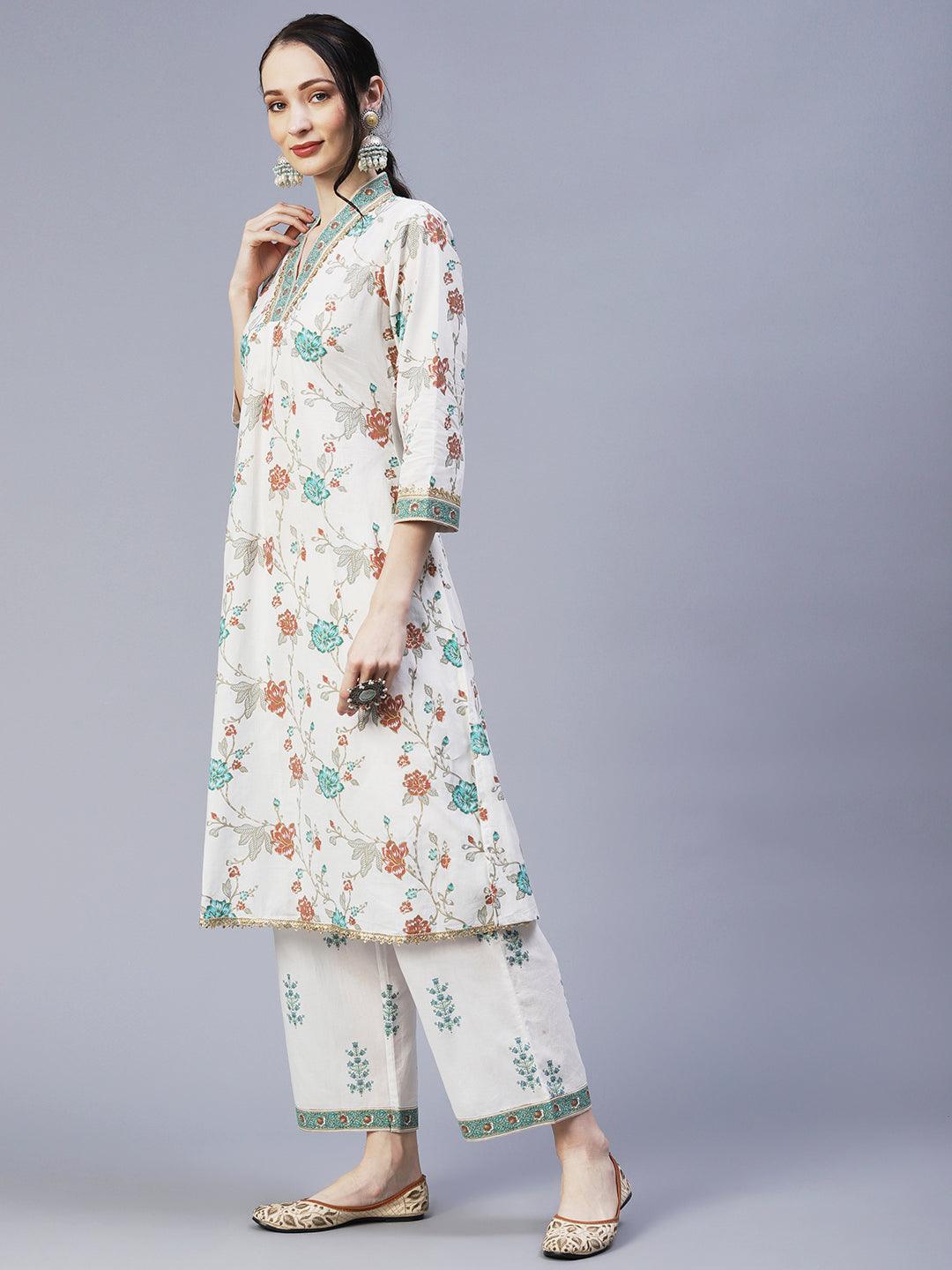 Ethnic Floral Foil Printed & Embroidered A-Line Kurta with Palazzo - Off White - Indiakreations