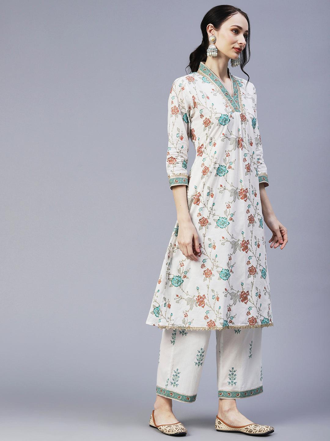 Ethnic Floral Foil Printed & Embroidered A-Line Kurta with Palazzo - Off White - Indiakreations