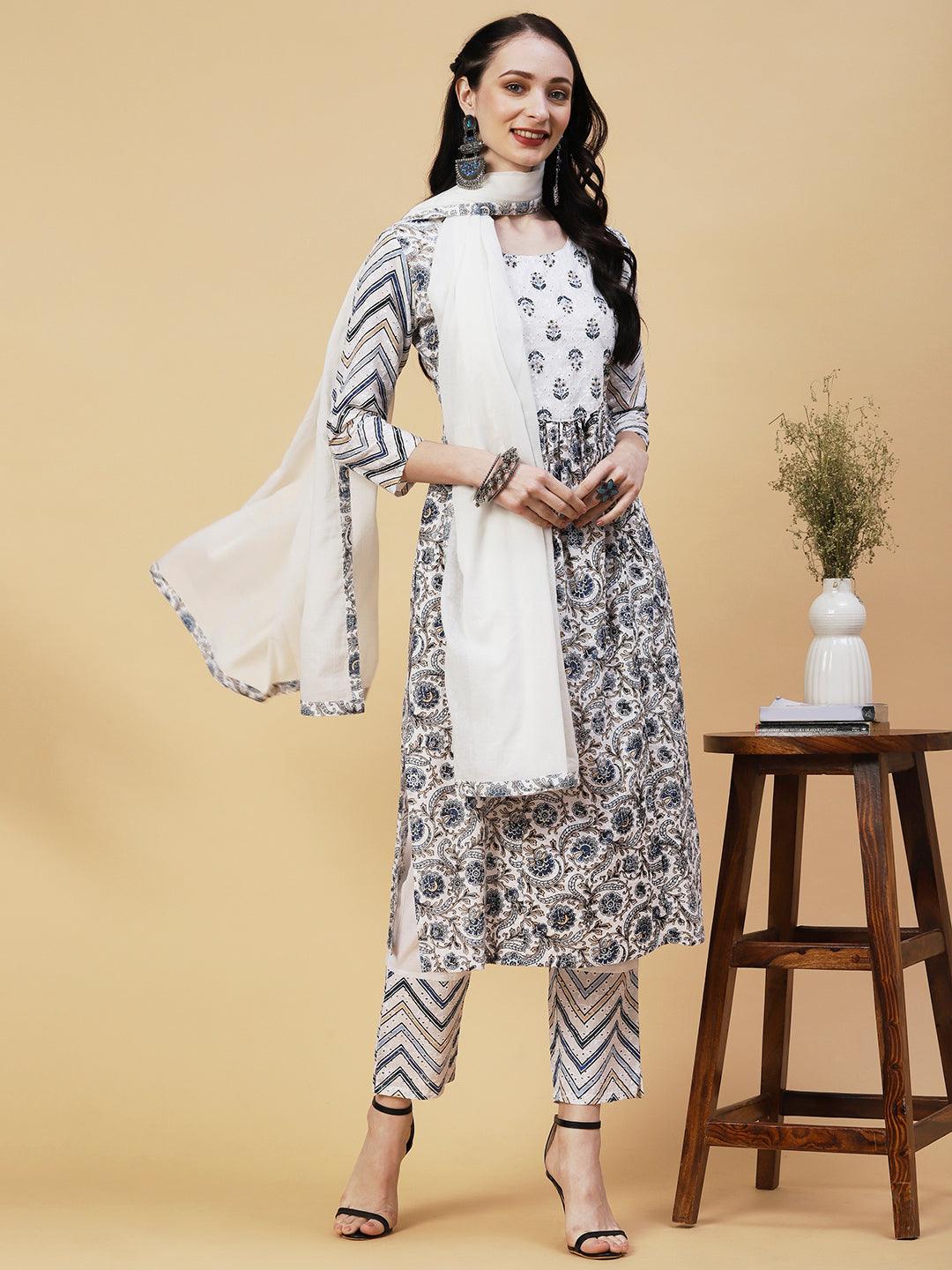 Ethnic Printed Gathered A-Line Kurta with Pant & Dupatta - White - Indiakreations