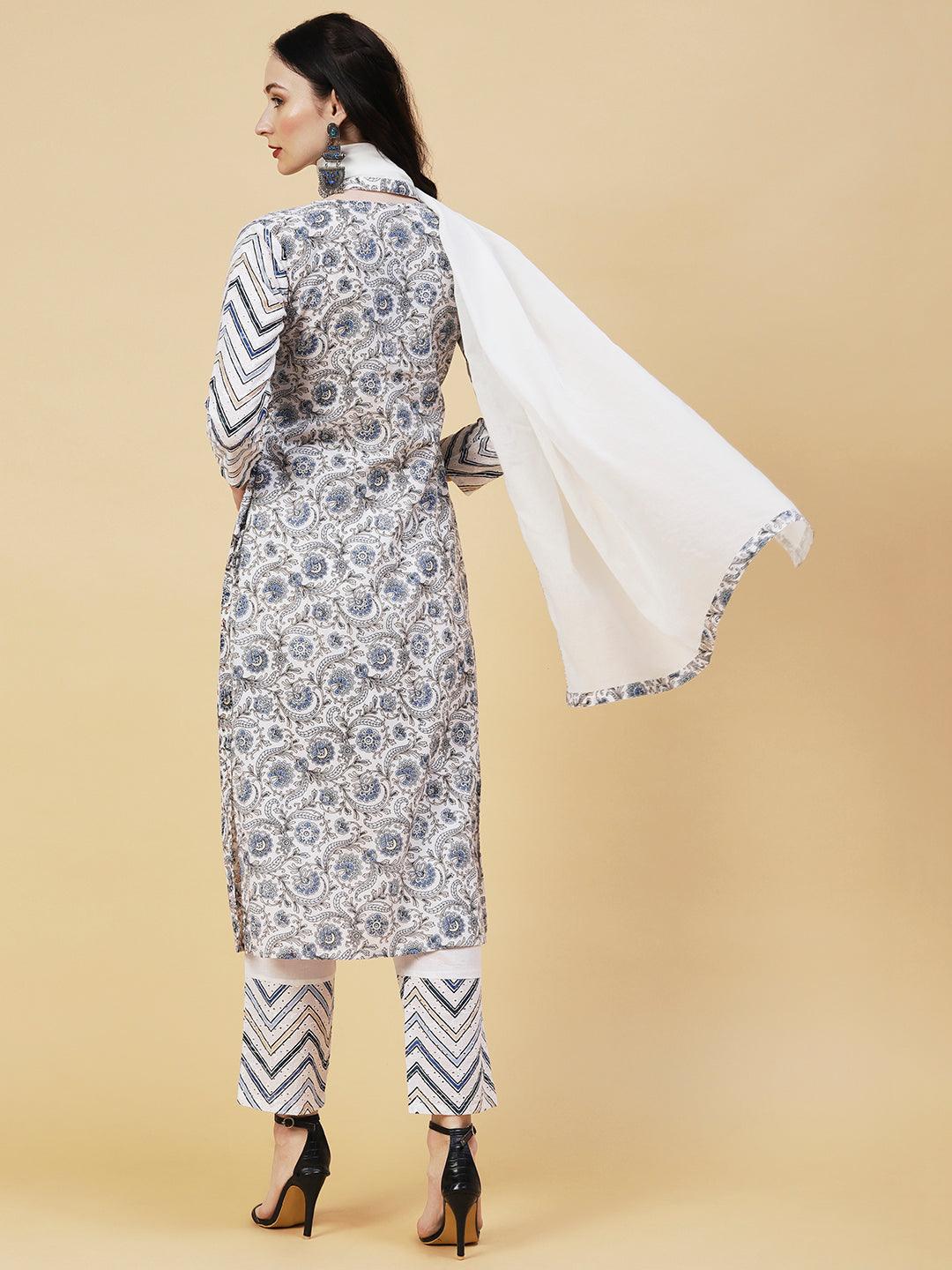 Ethnic Printed Gathered A-Line Kurta with Pant & Dupatta - White - Indiakreations