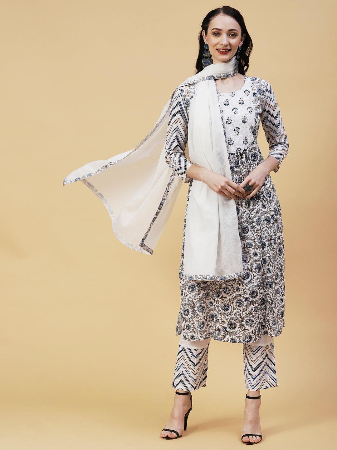 Ethnic Printed Gathered A-Line Kurta with Pant & Dupatta - White - Indiakreations