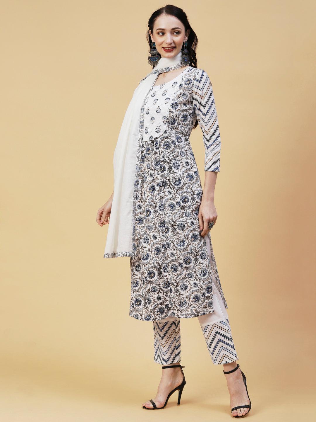 Ethnic Printed Gathered A-Line Kurta with Pant & Dupatta - White - Indiakreations