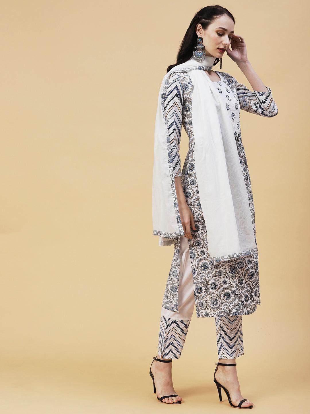 Ethnic Printed Gathered A-Line Kurta with Pant & Dupatta - White - Indiakreations