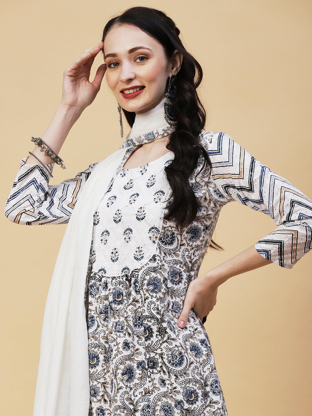 Ethnic Printed Gathered A-Line Kurta with Pant & Dupatta - White - Indiakreations