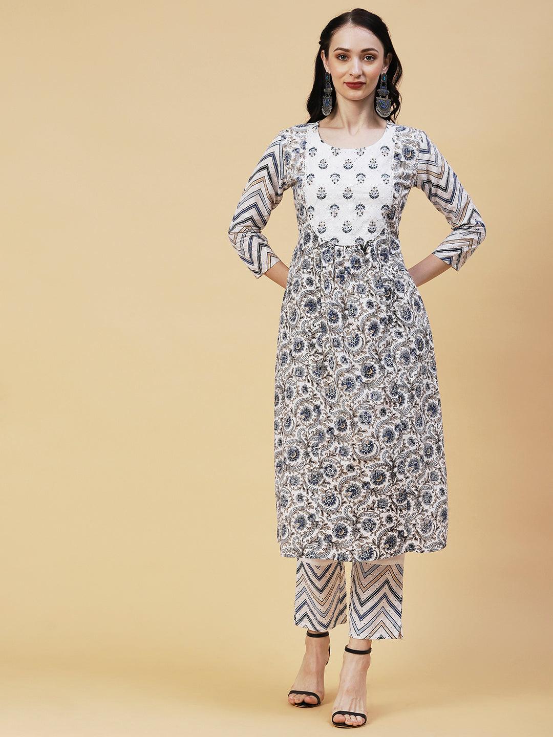 Ethnic Printed Gathered A-Line Kurta with Pant & Dupatta - White - Indiakreations