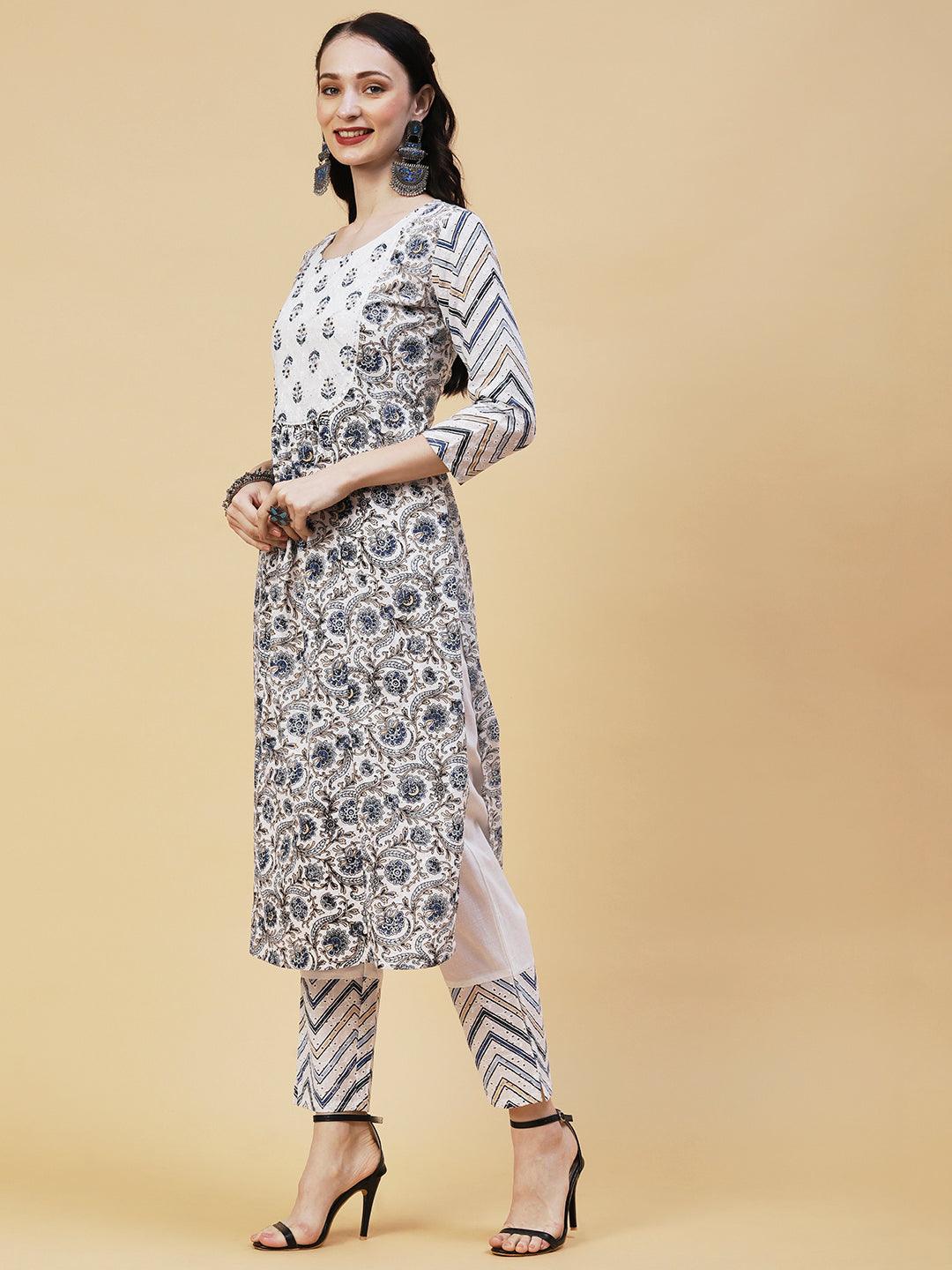 Ethnic Printed Gathered A-Line Kurta with Pant & Dupatta - White - Indiakreations