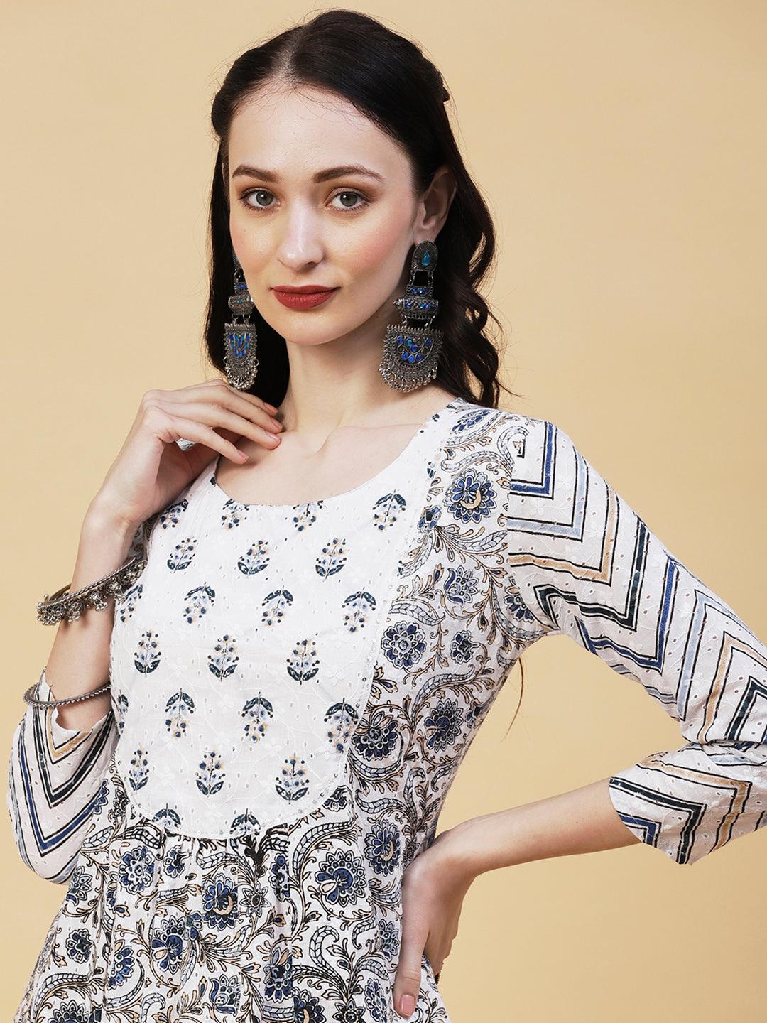 Ethnic Printed Gathered A-Line Kurta with Pant & Dupatta - White - Indiakreations