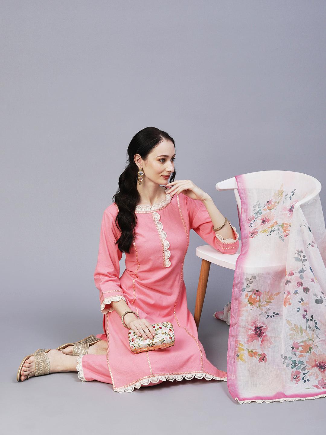 Solid Princess Cut Straight Fit Kurta with Pant & Floral Printed Dupatta - Pink - Indiakreations