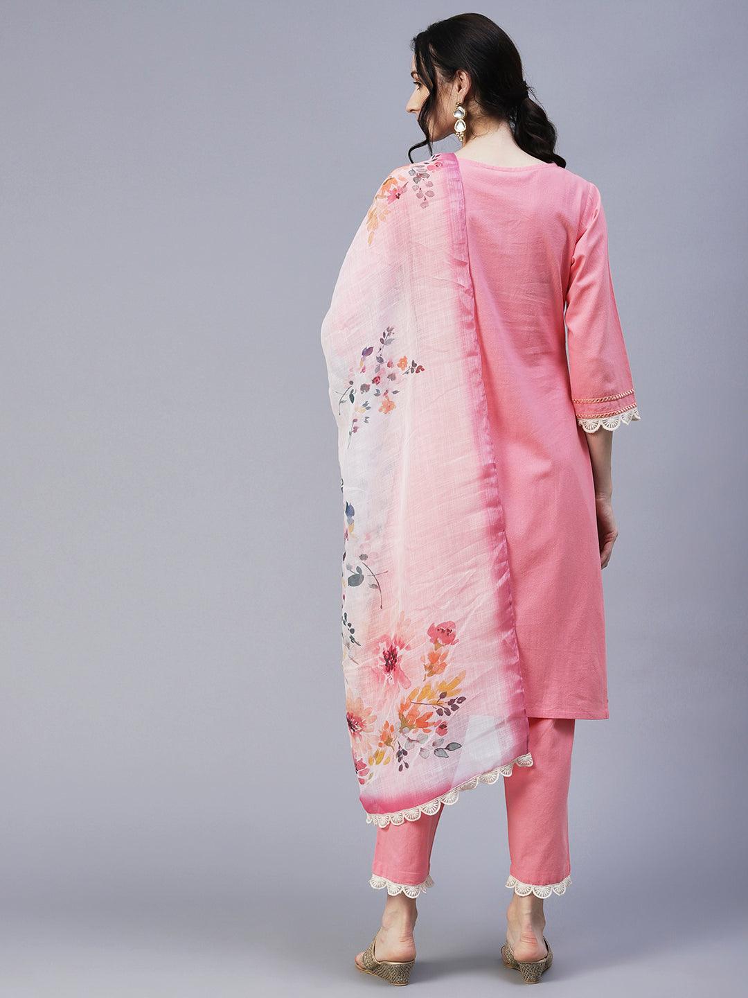 Solid Princess Cut Straight Fit Kurta with Pant & Floral Printed Dupatta - Pink - Indiakreations