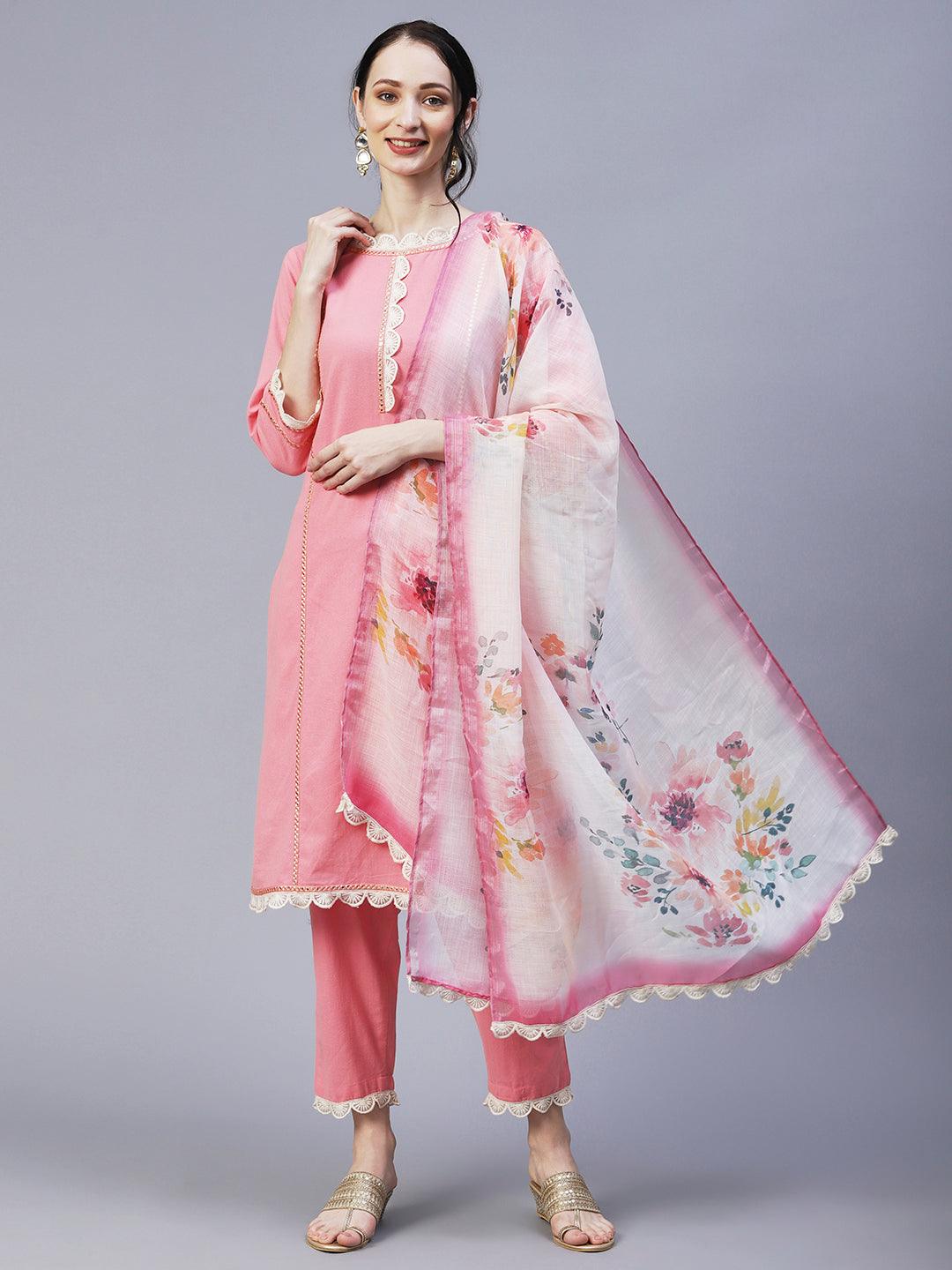 Solid Princess Cut Straight Fit Kurta with Pant & Floral Printed Dupatta - Pink - Indiakreations