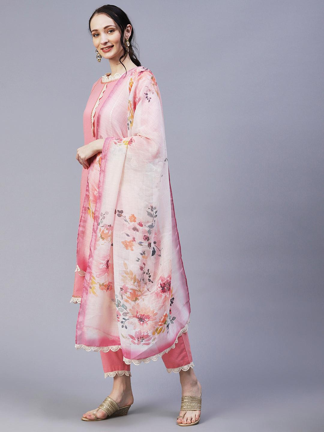 Solid Princess Cut Straight Fit Kurta with Pant & Floral Printed Dupatta - Pink - Indiakreations