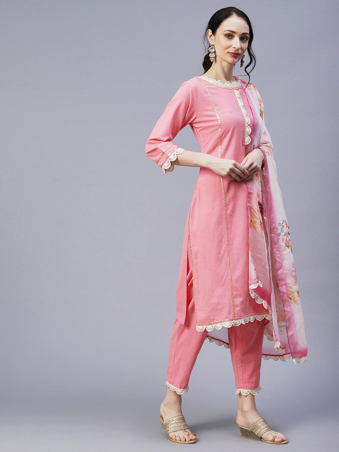 Solid Princess Cut Straight Fit Kurta with Pant & Floral Printed Dupatta - Pink - Indiakreations