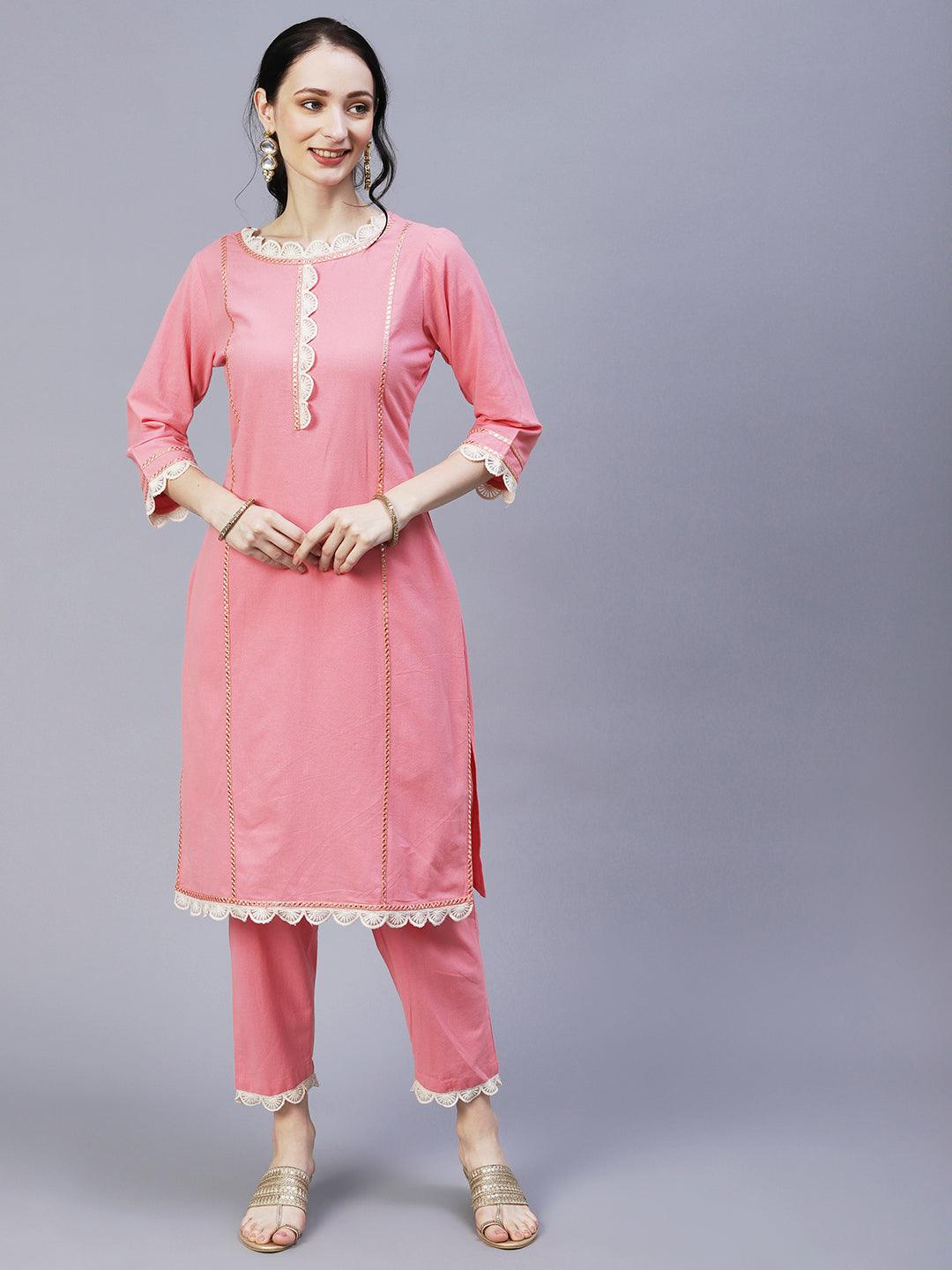 Solid Princess Cut Straight Fit Kurta with Pant & Floral Printed Dupatta - Pink - Indiakreations