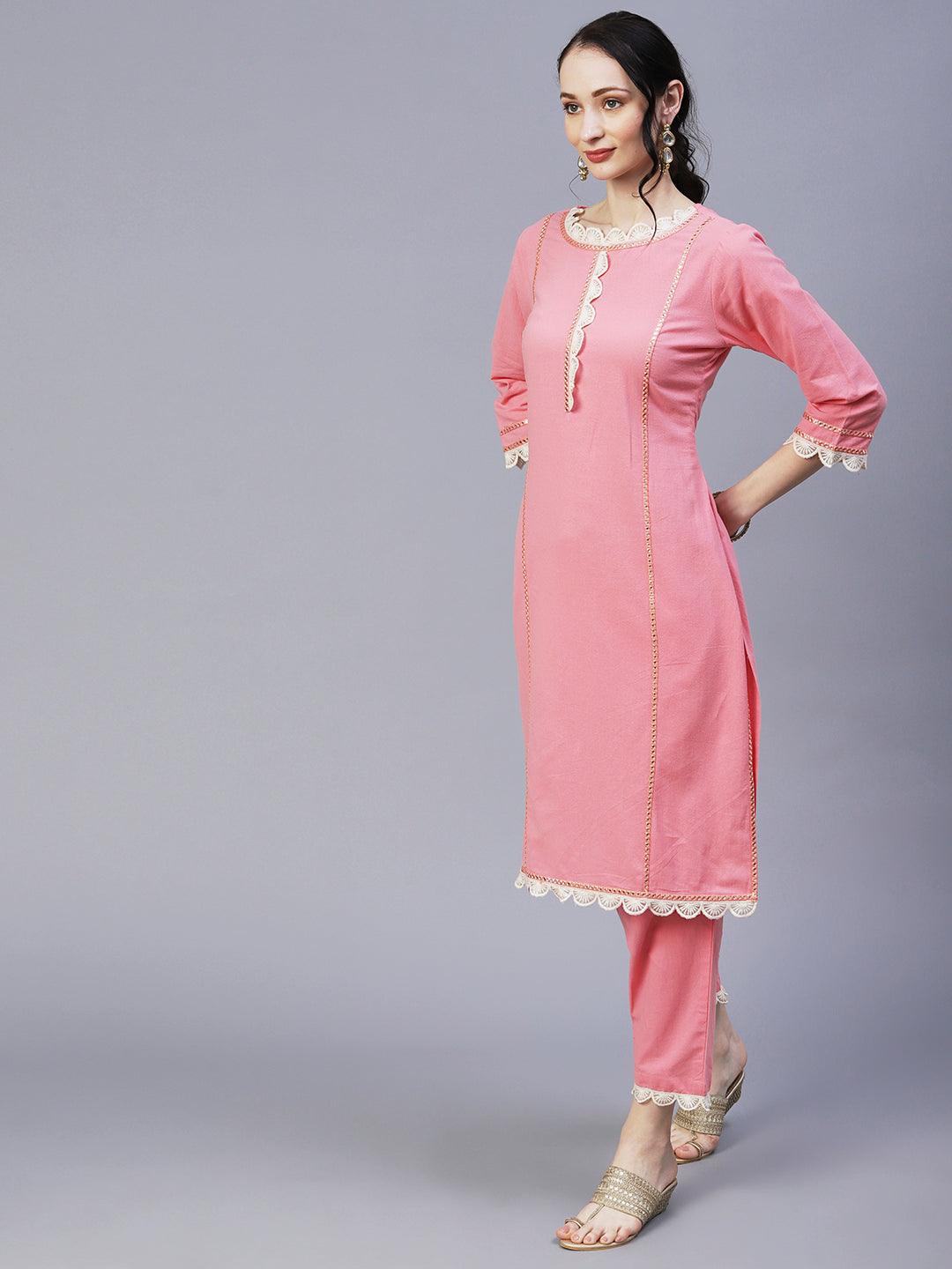 Solid Princess Cut Straight Fit Kurta with Pant & Floral Printed Dupatta - Pink - Indiakreations