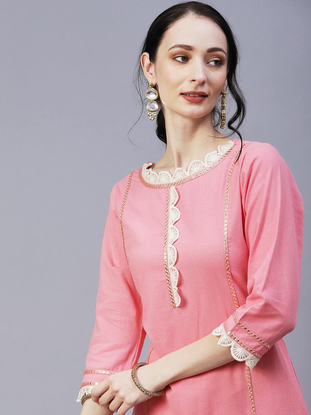 Solid Princess Cut Straight Fit Kurta with Pant & Floral Printed Dupatta - Pink - Indiakreations