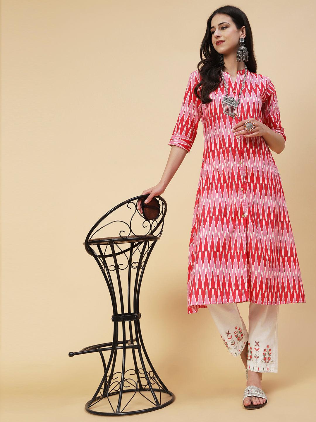 Chevron Printed Wooden Buttoned Front Slit Kurta - Pink - Indiakreations