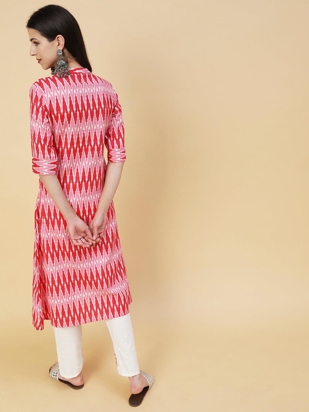 Chevron Printed Wooden Buttoned Front Slit Kurta - Pink - Indiakreations