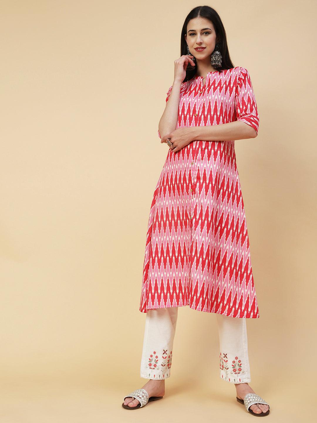 Chevron Printed Wooden Buttoned Front Slit Kurta - Pink - Indiakreations