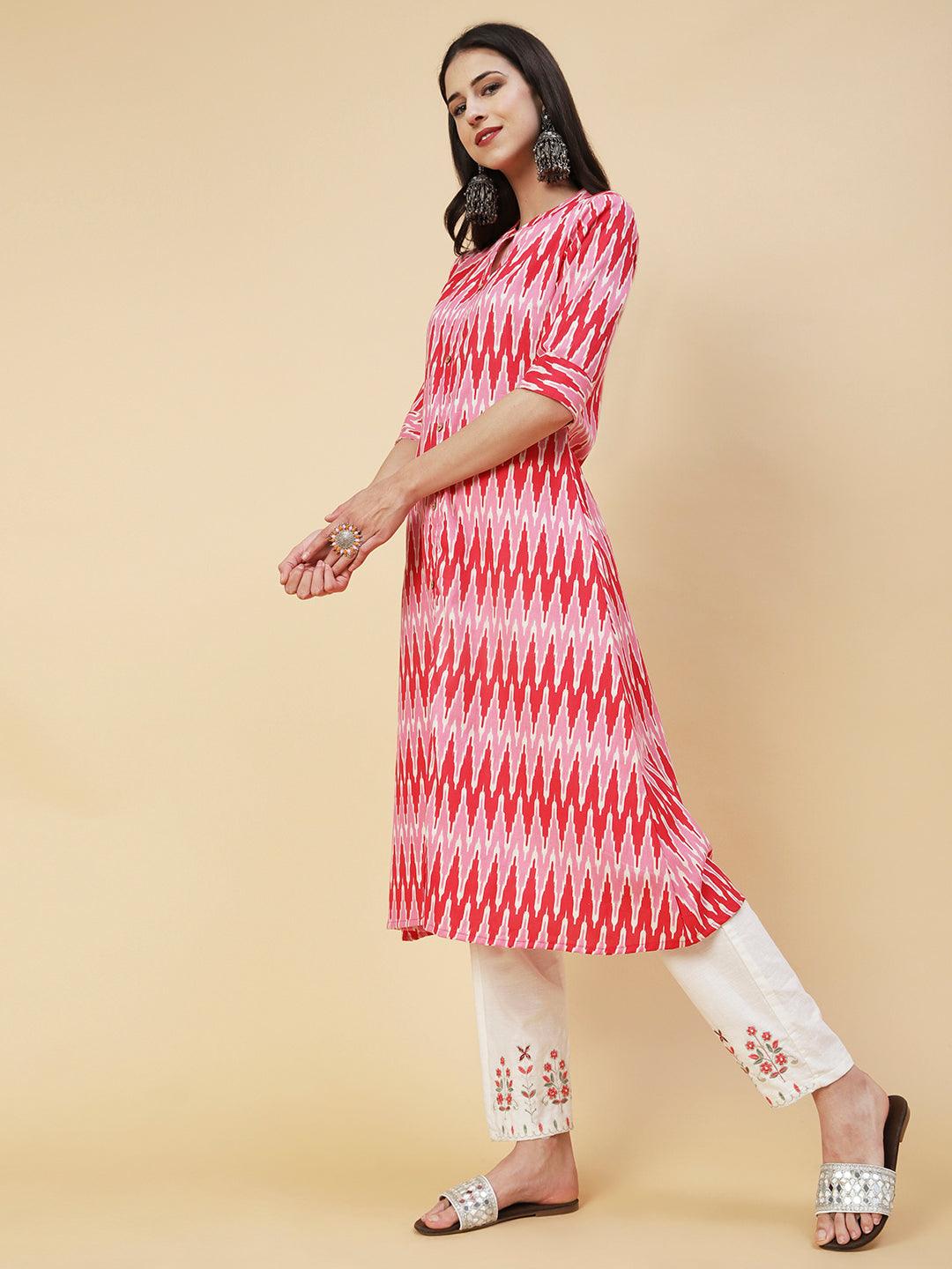 Chevron Printed Wooden Buttoned Front Slit Kurta - Pink - Indiakreations