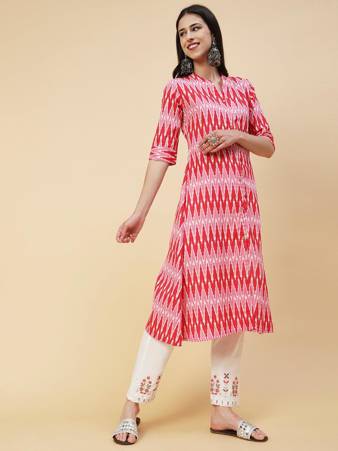 Chevron Printed Wooden Buttoned Front Slit Kurta - Pink - Indiakreations