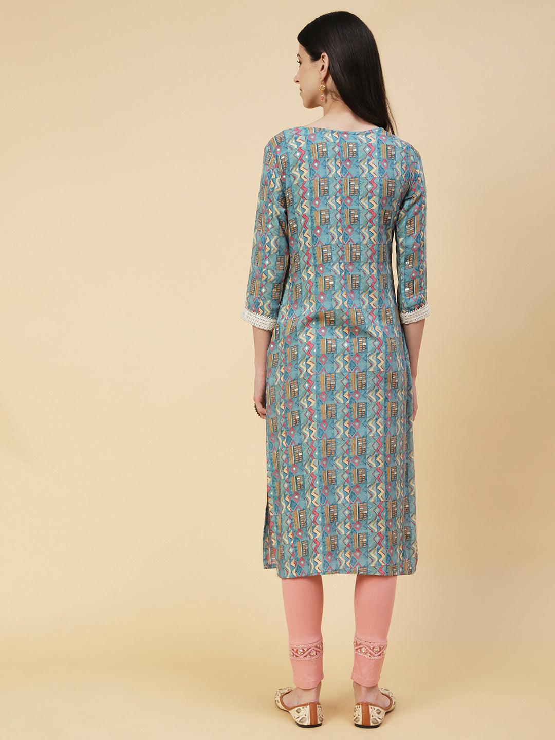 Abstract & Geometric Printed Resham Dori & Sequins Embroidered Kurta - Blue - Indiakreations