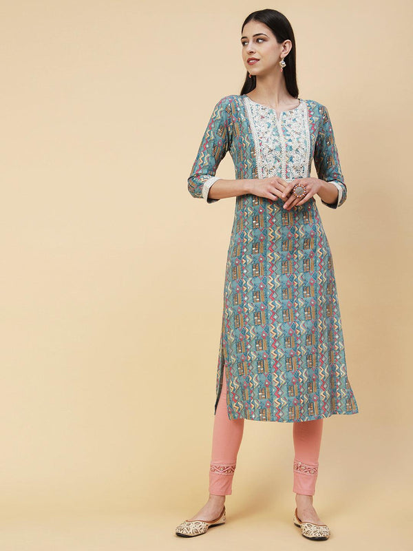 Abstract & Geometric Printed Resham Dori & Sequins Embroidered Kurta - Blue - Indiakreations