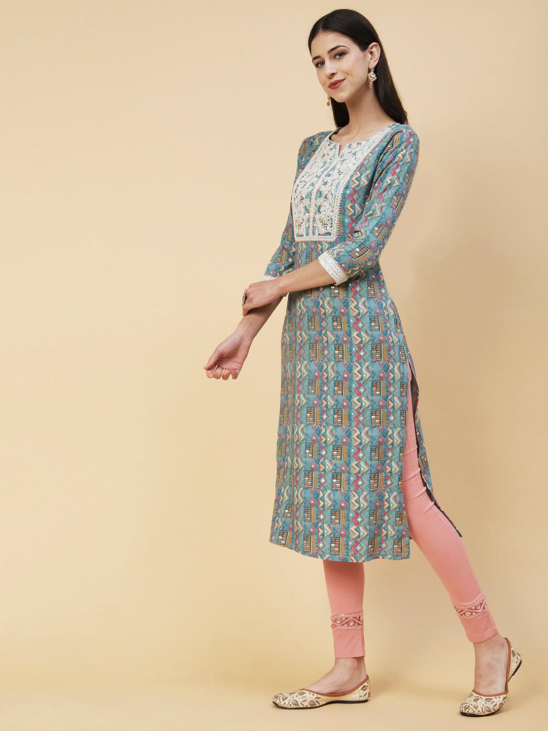 Abstract & Geometric Printed Resham Dori & Sequins Embroidered Kurta - Blue - Indiakreations