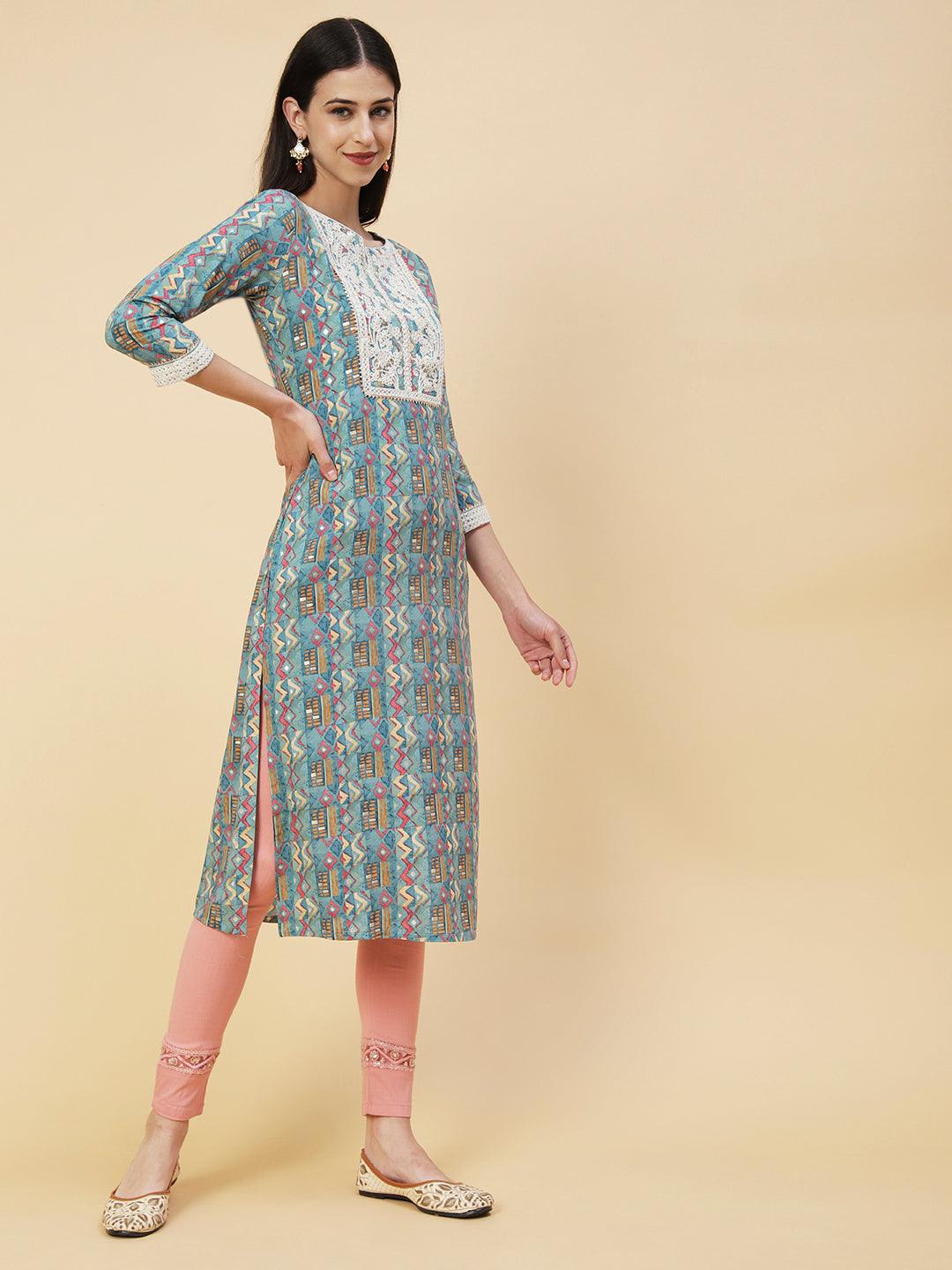 Abstract & Geometric Printed Resham Dori & Sequins Embroidered Kurta - Blue - Indiakreations