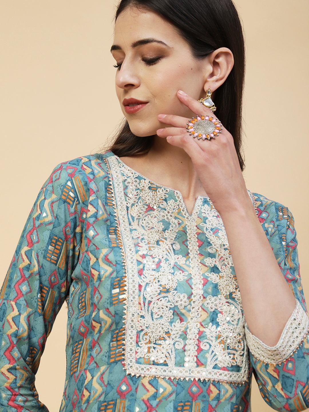 Abstract & Geometric Printed Resham Dori & Sequins Embroidered Kurta - Blue - Indiakreations