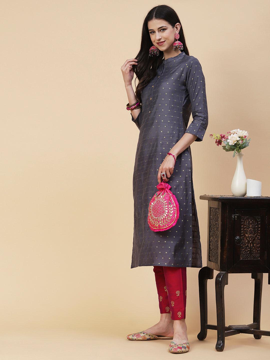 Woven Zari Buti Design Metal Buttoned Kurta - Grey - Indiakreations