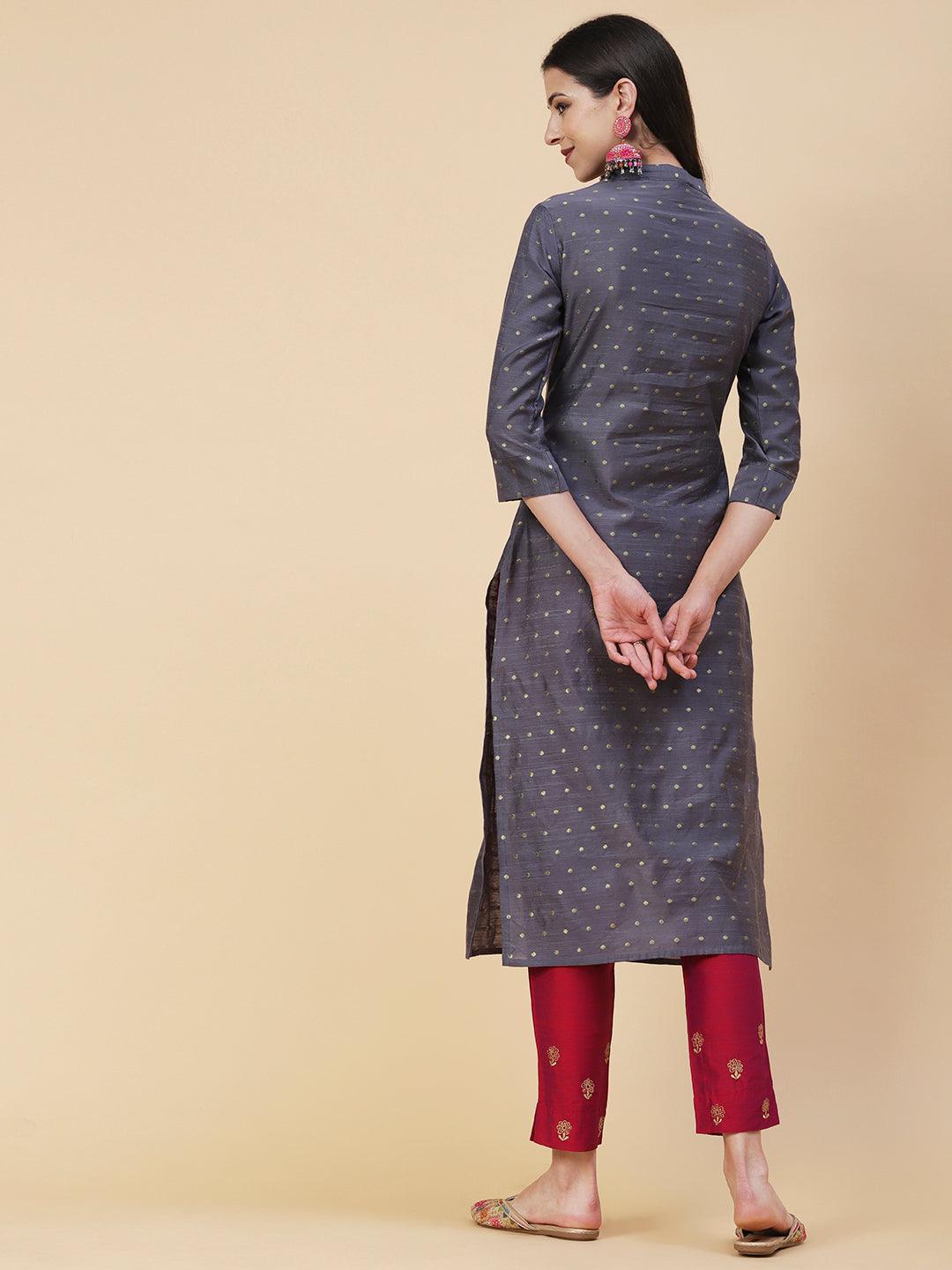 Woven Zari Buti Design Metal Buttoned Kurta - Grey - Indiakreations