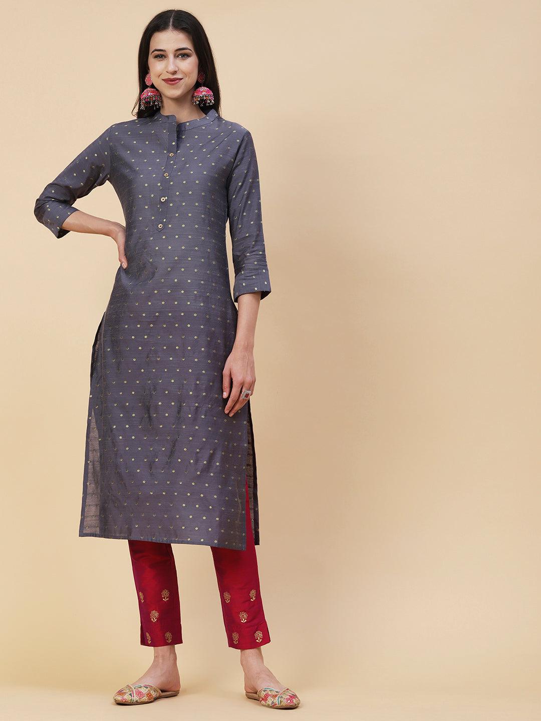 Woven Zari Buti Design Metal Buttoned Kurta - Grey - Indiakreations