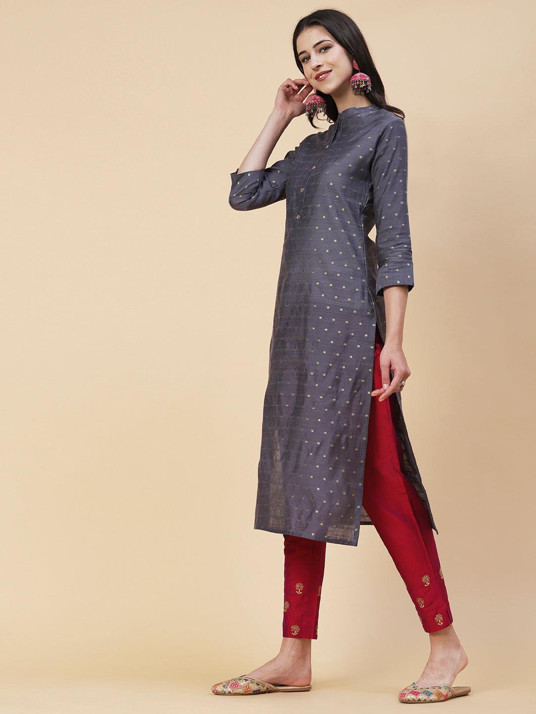 Woven Zari Buti Design Metal Buttoned Kurta - Grey - Indiakreations