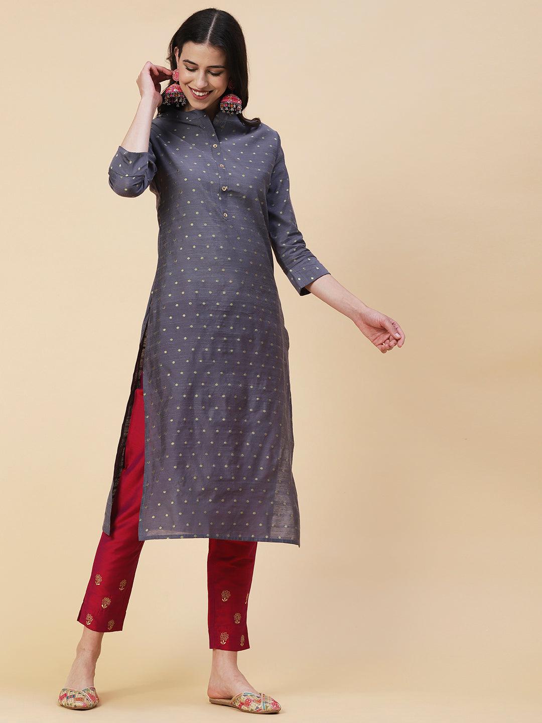 Woven Zari Buti Design Metal Buttoned Kurta - Grey - Indiakreations